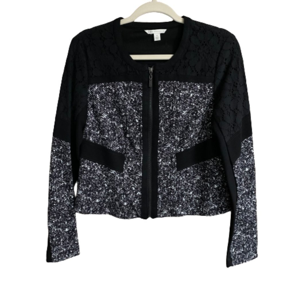 Women's Cato Lace Scoop Neck 4 Long Sleeve Full Zip Black Blazer Jacket EUC